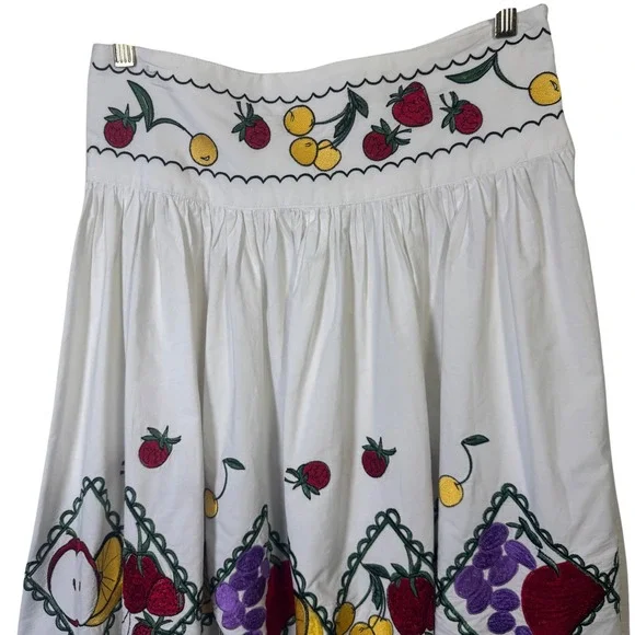 Vintage Skirt Medium Fruit Embroidered White Cotton Midi Cherry Tassles *Read - Picture 3 of 11